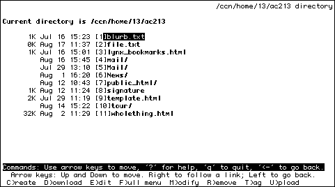 
                                                   /ccn/home/13/ac213 directory
     
Current directory is /ccn/home/13/ac213

      1K Jul 16 15:23 [1]blurb.txt
      1K Jul 16 15:01 [2]lynx_bookmarks.html
         Aug 26 14:49 [3]mail/
         Jul 29 13:10 [4]Mail/
         Aug  1 16:20 [5]News/                
         Aug 26 13:46 [6]public_html/
      1K Aug 12 11:24 [7]signature
     32K Aug  2 11:29 [8]wholething.html            




      
     
      
      
      
Commands: Use arrow keys to move, '?' for help, 'q' to quit, '<-' to go 
back.
  Arrow keys: Up and Down to move. Right to follow a link; Left to go back.
 C)reate  D)ownload  E)dit  F)ull menu  M)odify  R)emove  T)ag  U)pload      
