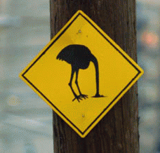 [A yellow sign with a black silhouette of an ostrich with its head in the ground.]